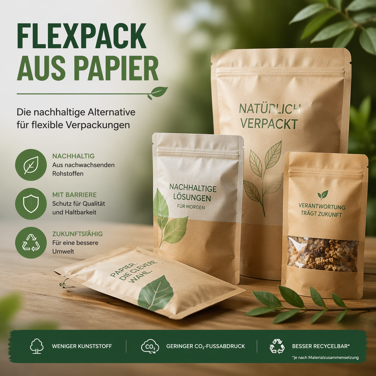 Werbebild für papierbasierte Verpackungen: drei Kraftpapier-Beutel fotografiert, mit grünem Text wie 'NATÜRLICH VERPACKT' und 'NACHHALTIGE LÖSUNGEN'.