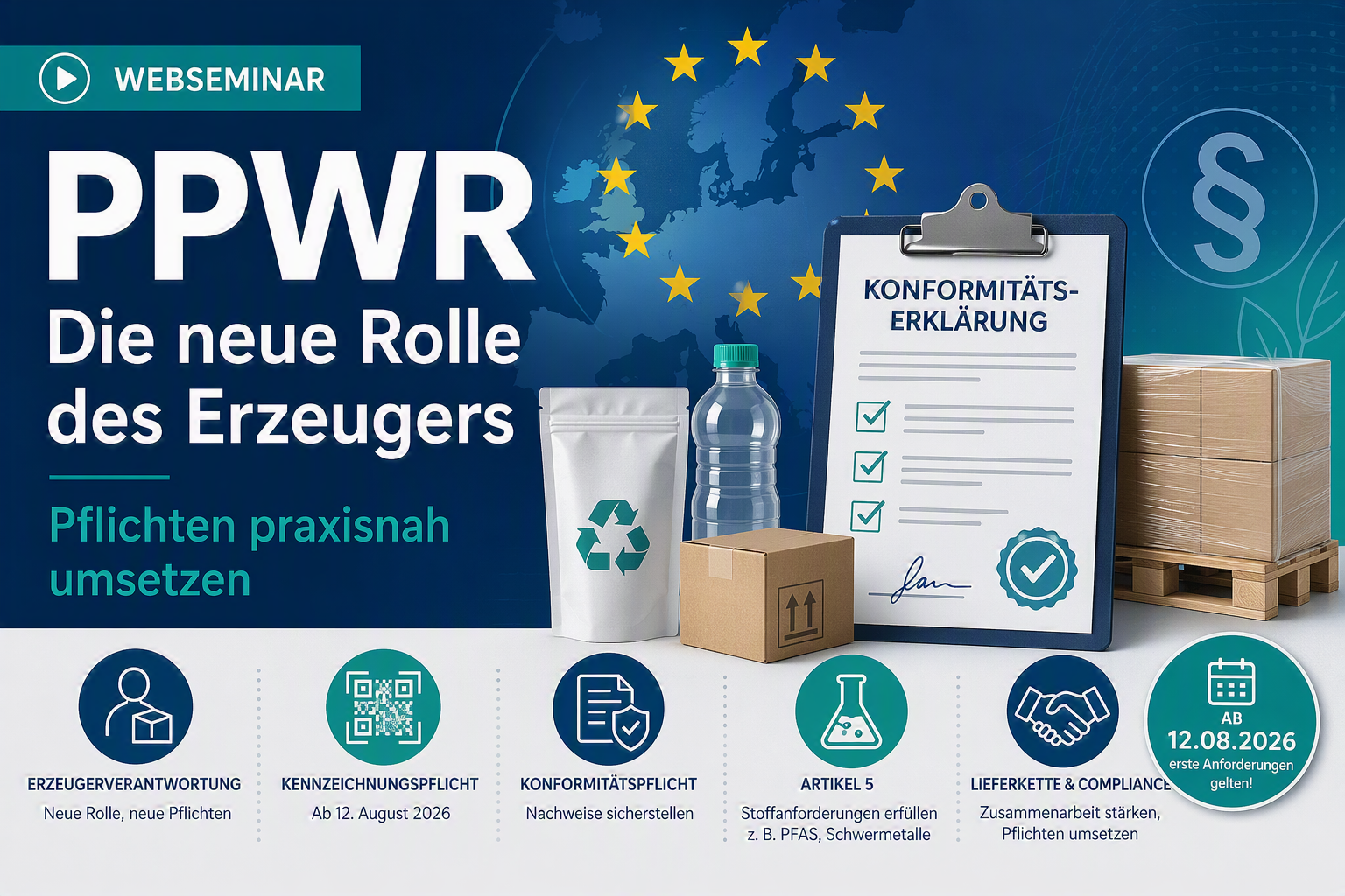 Webinar banner about PPWR: Die neue Rolle des Erzeugers, with packaging, bottle, recycling bag and a compliance clipboard on a blue EU-themed background.