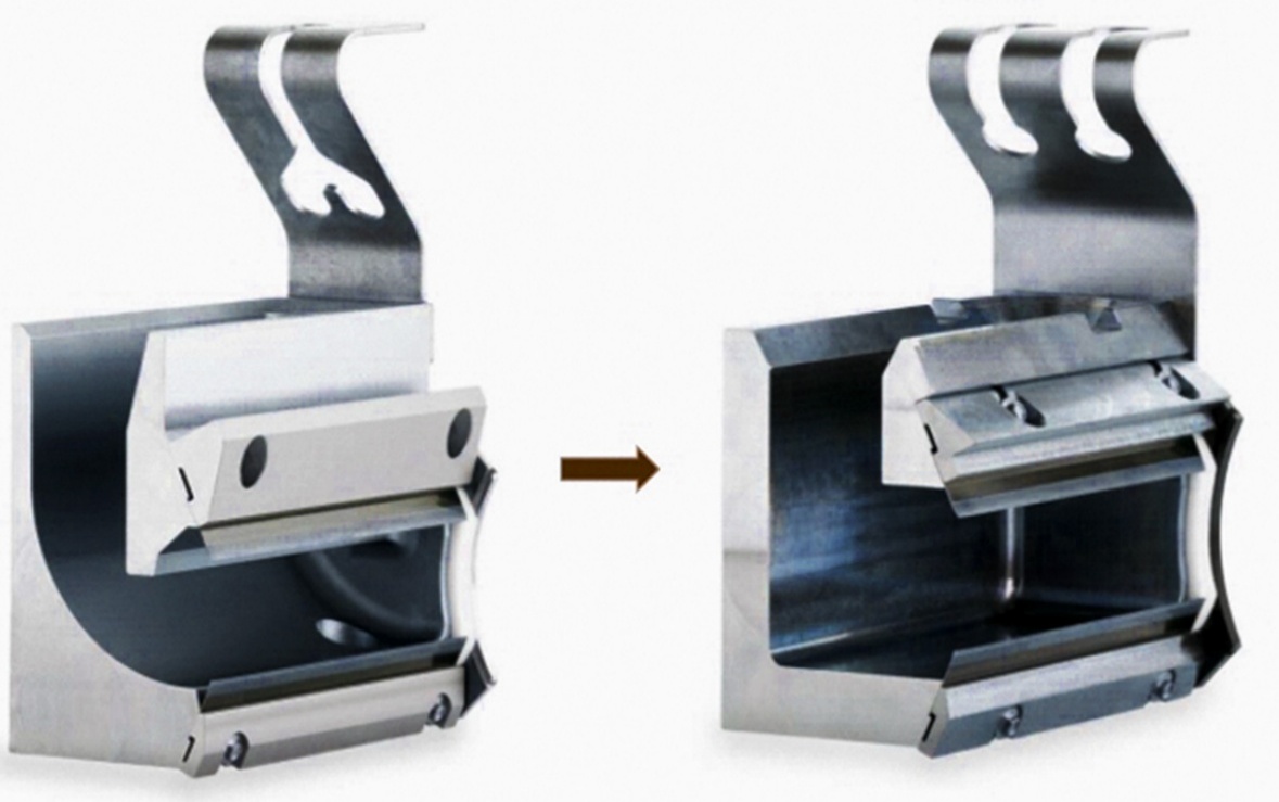 Comparison of ink chamber geometries: round geometry on the left, optimized angular geometry on the right